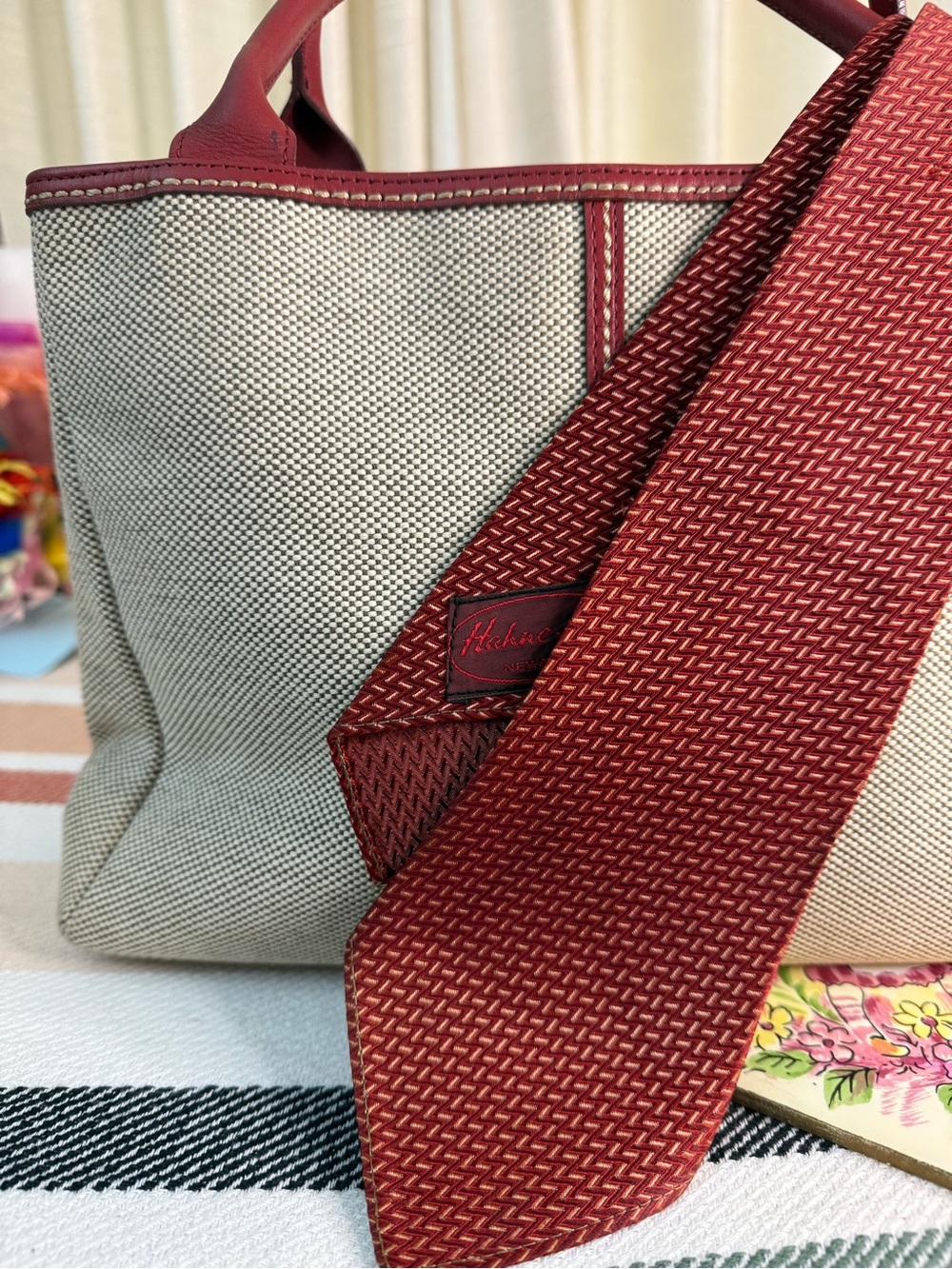 VTG ART BERG Japan Canvas Leather Tote Bag with Vintage Hahne & Co Silk Tie Wrap